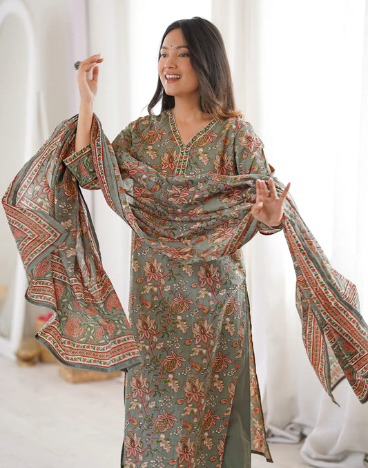 Sage Green V-Neck Printed Anarkali 3 Piece Kurta Set With Dupatta