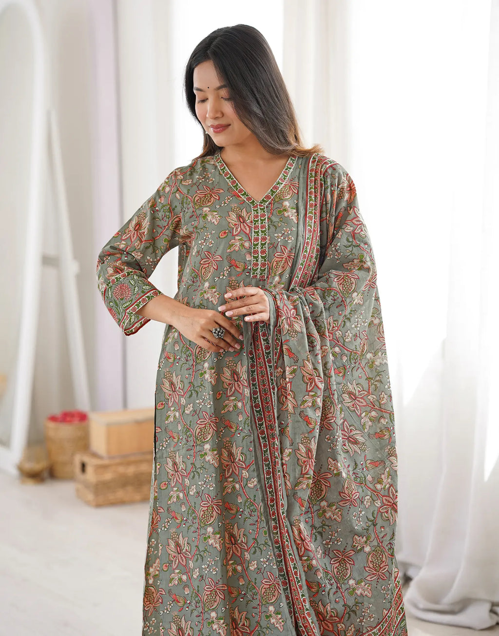 Sage Green V-Neck Printed Anarkali 3 Piece Kurta Set with Dupatta