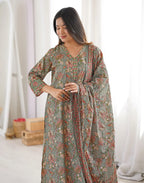 Sage Green V-Neck Printed Anarkali 3 Piece Kurta Set with Dupatta