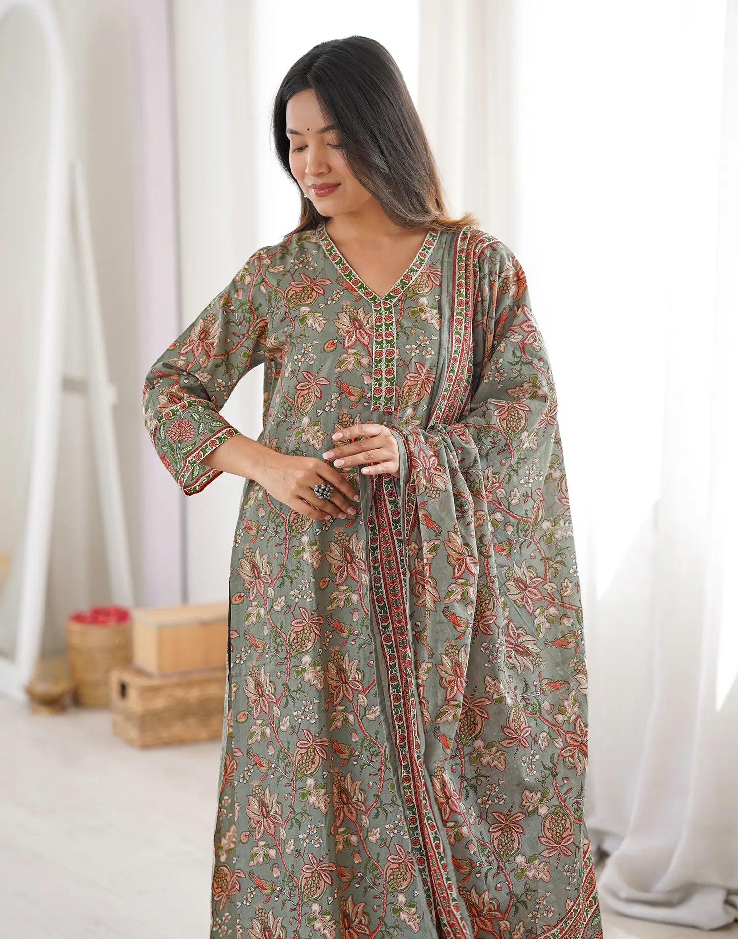 Sage Green V-Neck Printed Anarkali 3 Piece Kurta Set with Dupatta