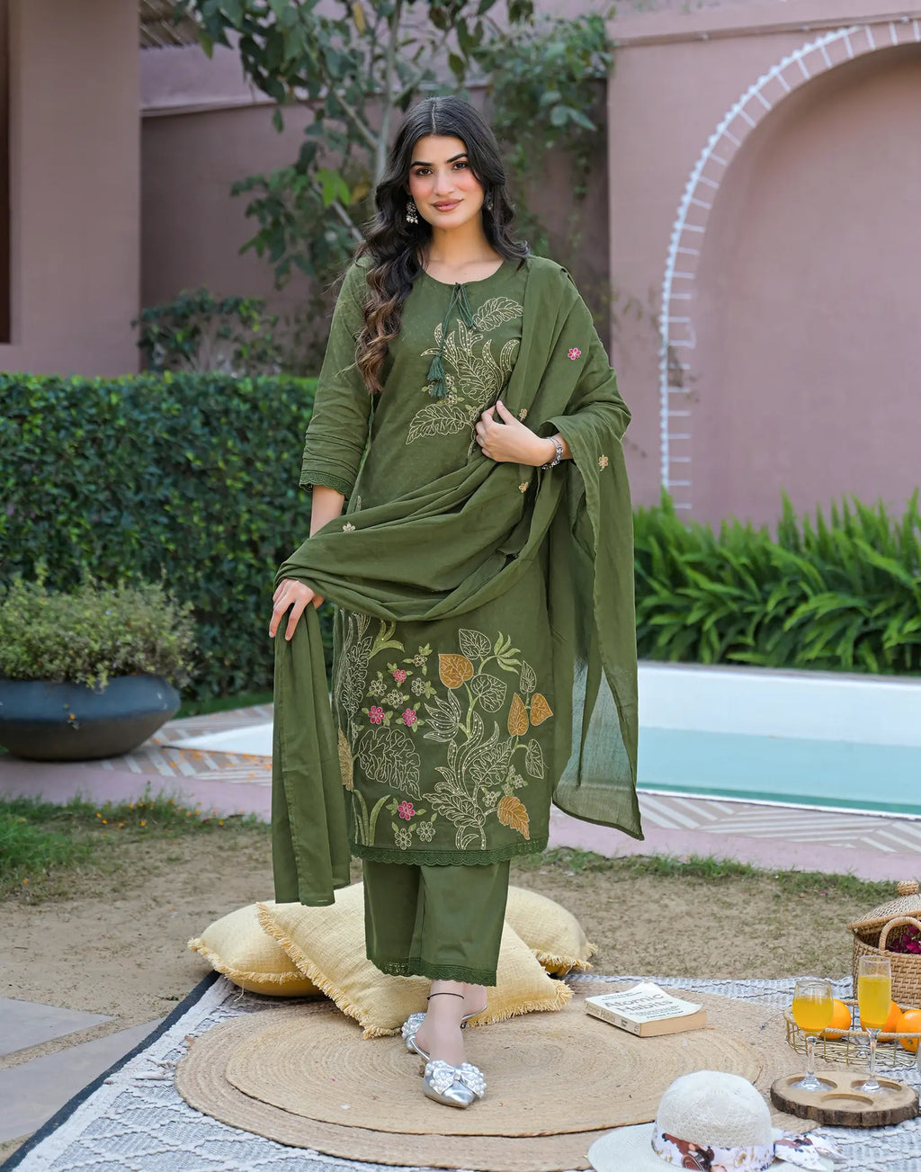 Olive Green Notched Round Neck Embroidered Straight 3 Piece Kurta Set with Dupatta