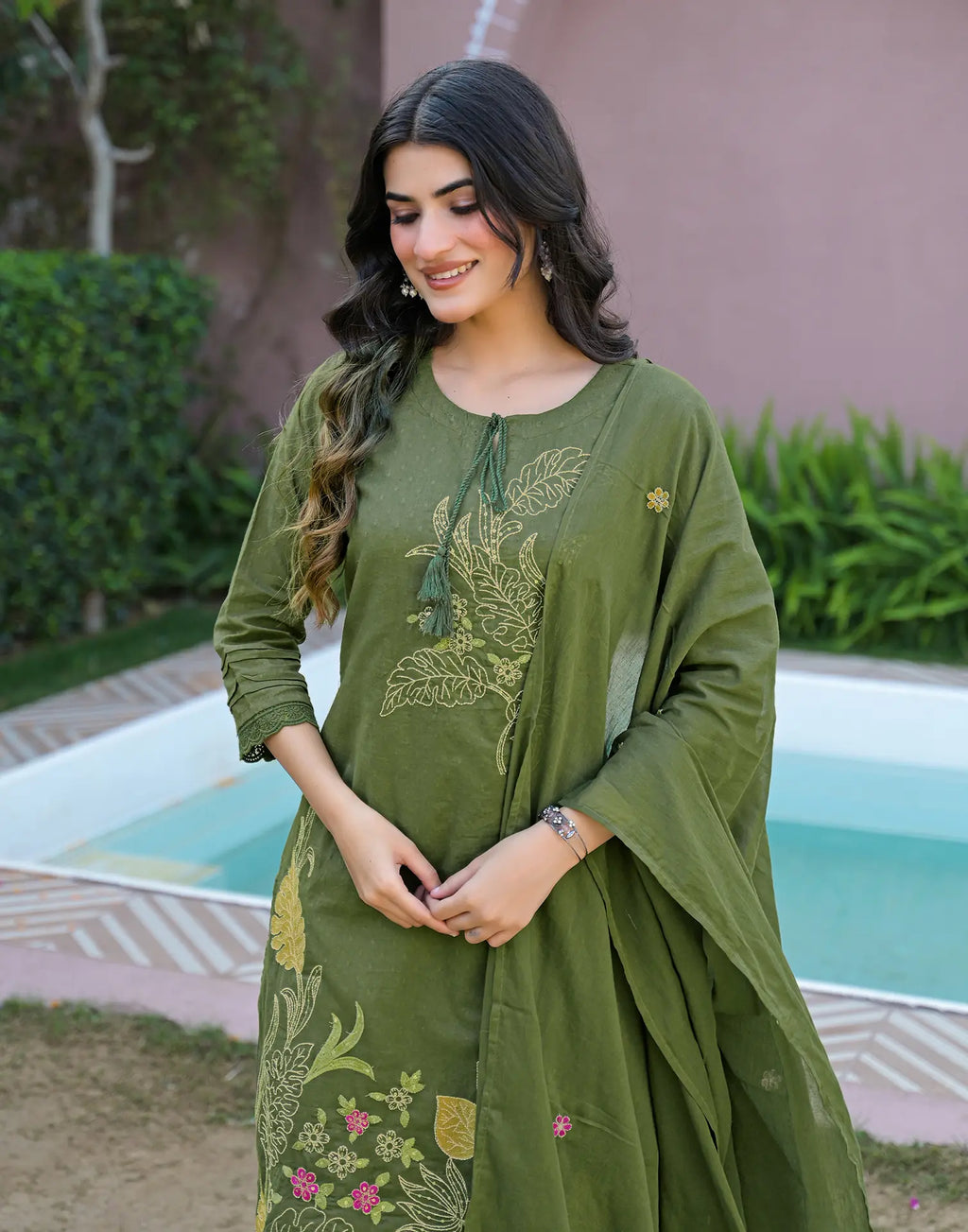 Olive Green Notched Round Neck Embroidered Straight 3 Piece Kurta Set with Dupatta