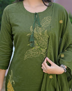 Olive Green Notched Round Neck Embroidered Straight 3 Piece Kurta Set with Dupatta