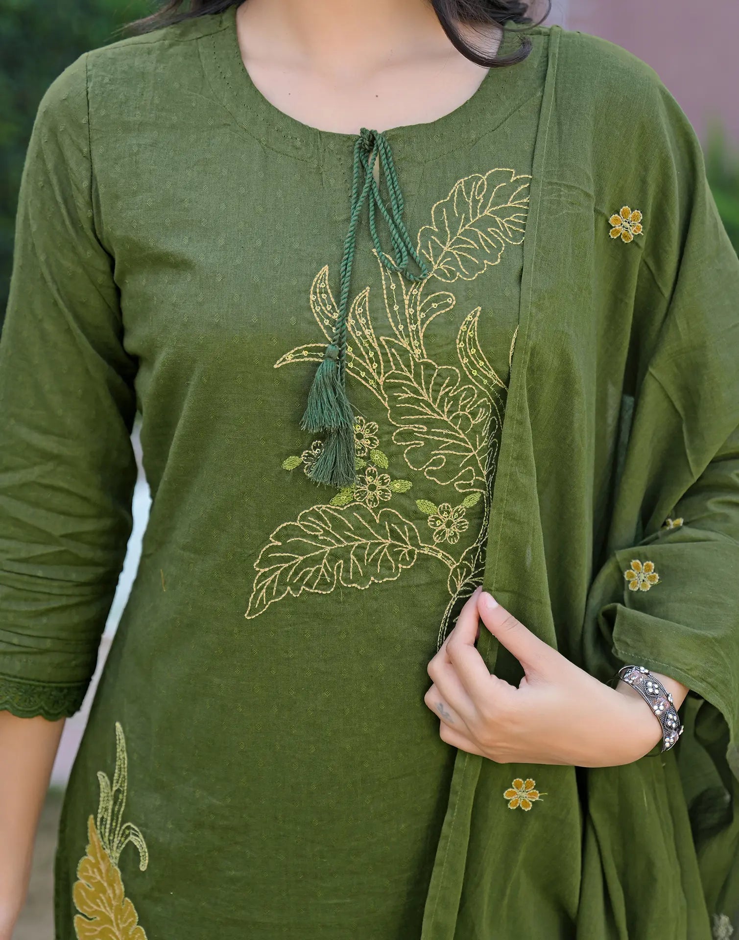 Olive Green Notched Round Neck Embroidered Straight 3 Piece Kurta Set with Dupatta