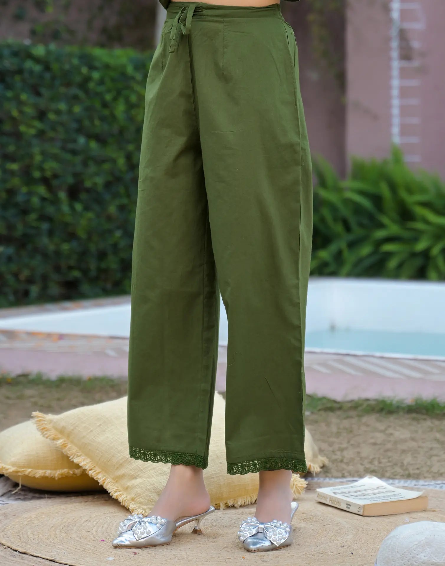 Olive Green Notched Round Neck Embroidered Straight 3 Piece Kurta Set with Dupatta