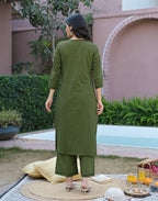Olive Green Notched Round Neck Embroidered Straight 3 Piece Kurta Set with Dupatta