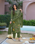 Olive Green Notched Round Neck Embroidered Straight 3 Piece Kurta Set with Dupatta