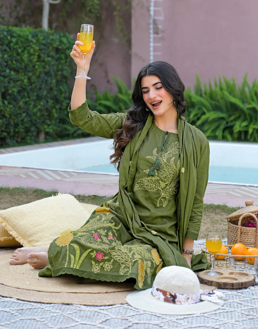 Olive Green Notched Round Neck Embroidered Straight 3 Piece Kurta Set with Dupatta