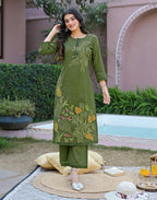 Olive Green Notched Round Neck Embroidered Straight 3 Piece Kurta Set with Dupatta