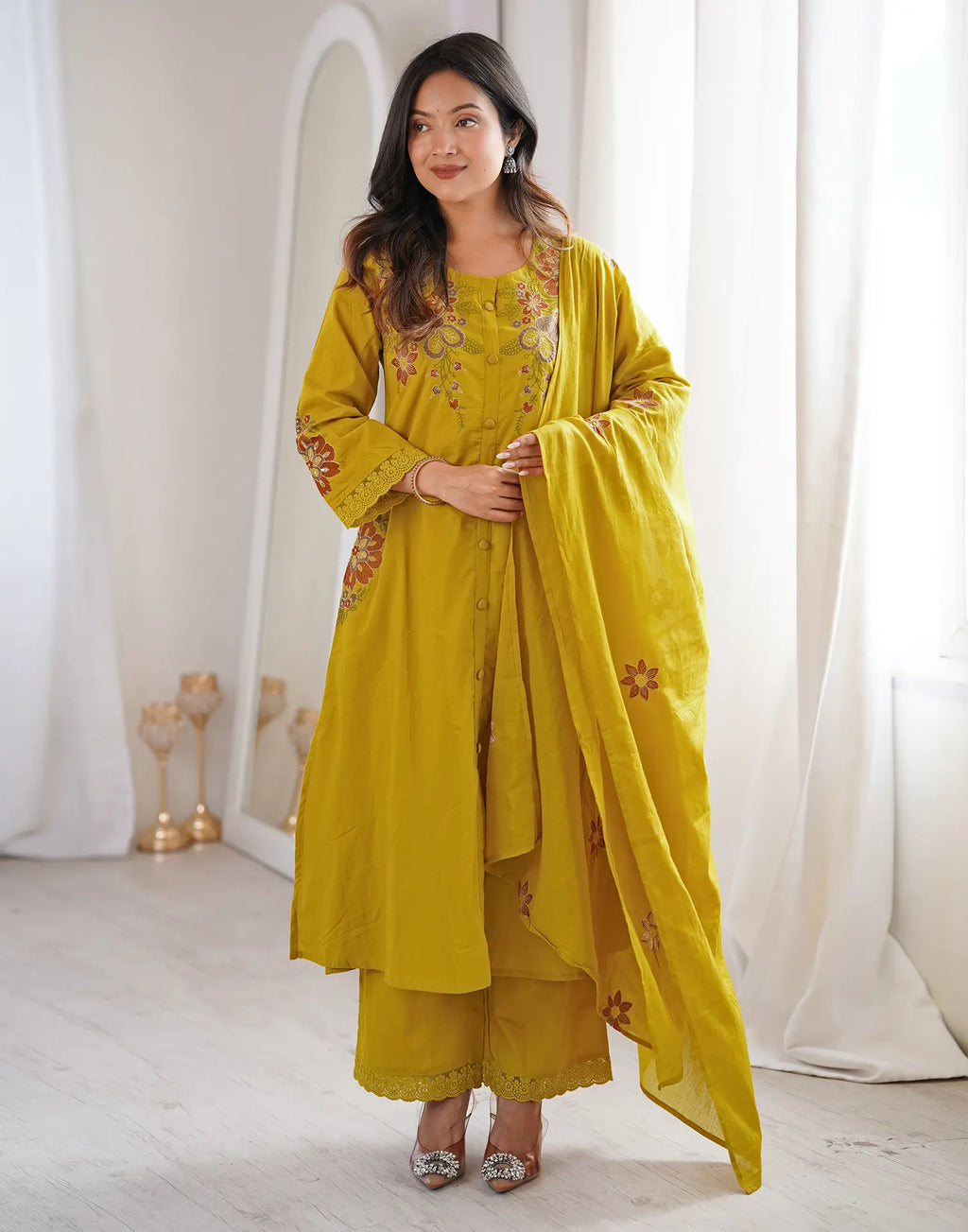 Orange Pie Round Neck Embroidered A-Line, Palazzo 3 Piece Kurta Set with Dupatta