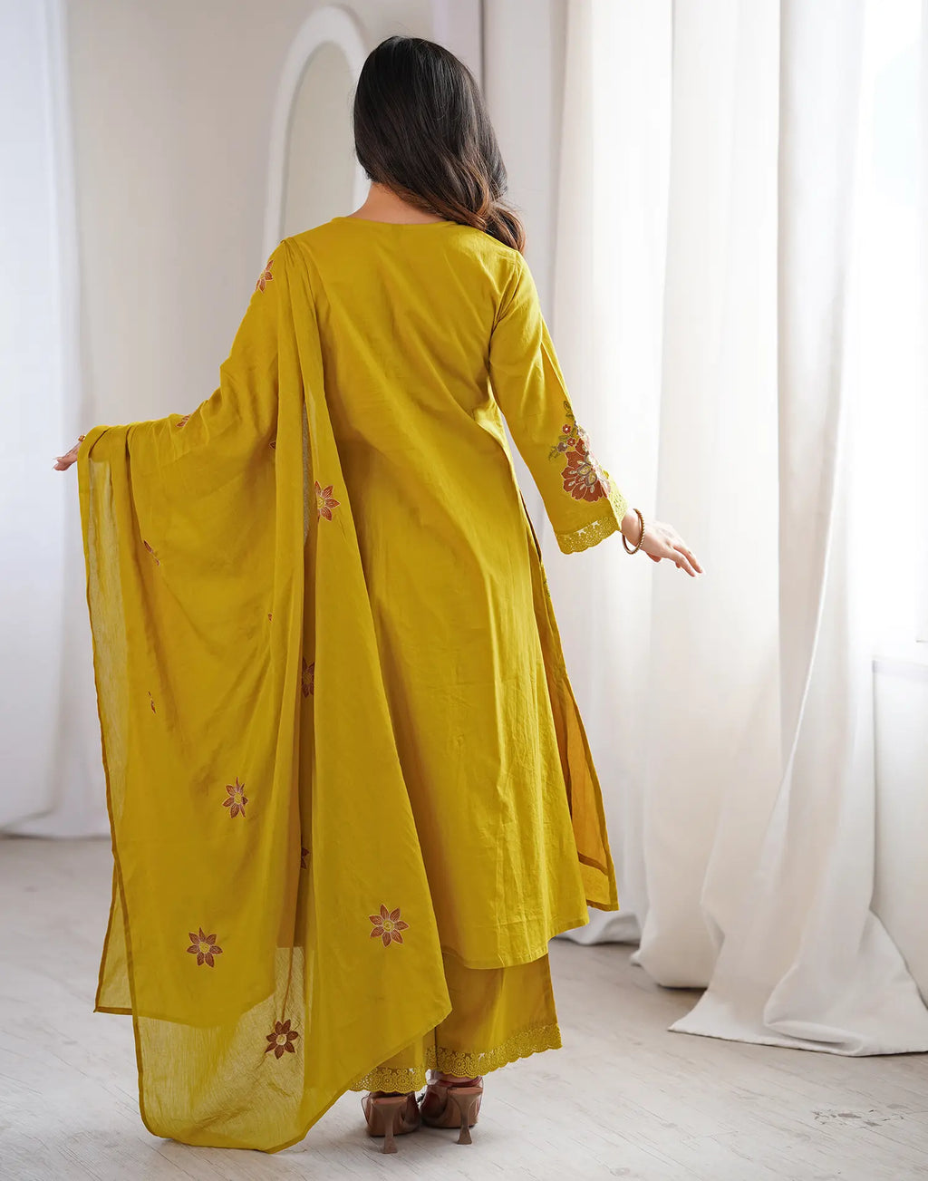 Orange Pie Round Neck Embroidered A-Line, Palazzo 3 Piece Kurta Set with Dupatta