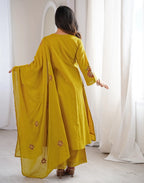 Orange Pie Round Neck Embroidered A-Line, Palazzo 3 Piece Kurta Set with Dupatta