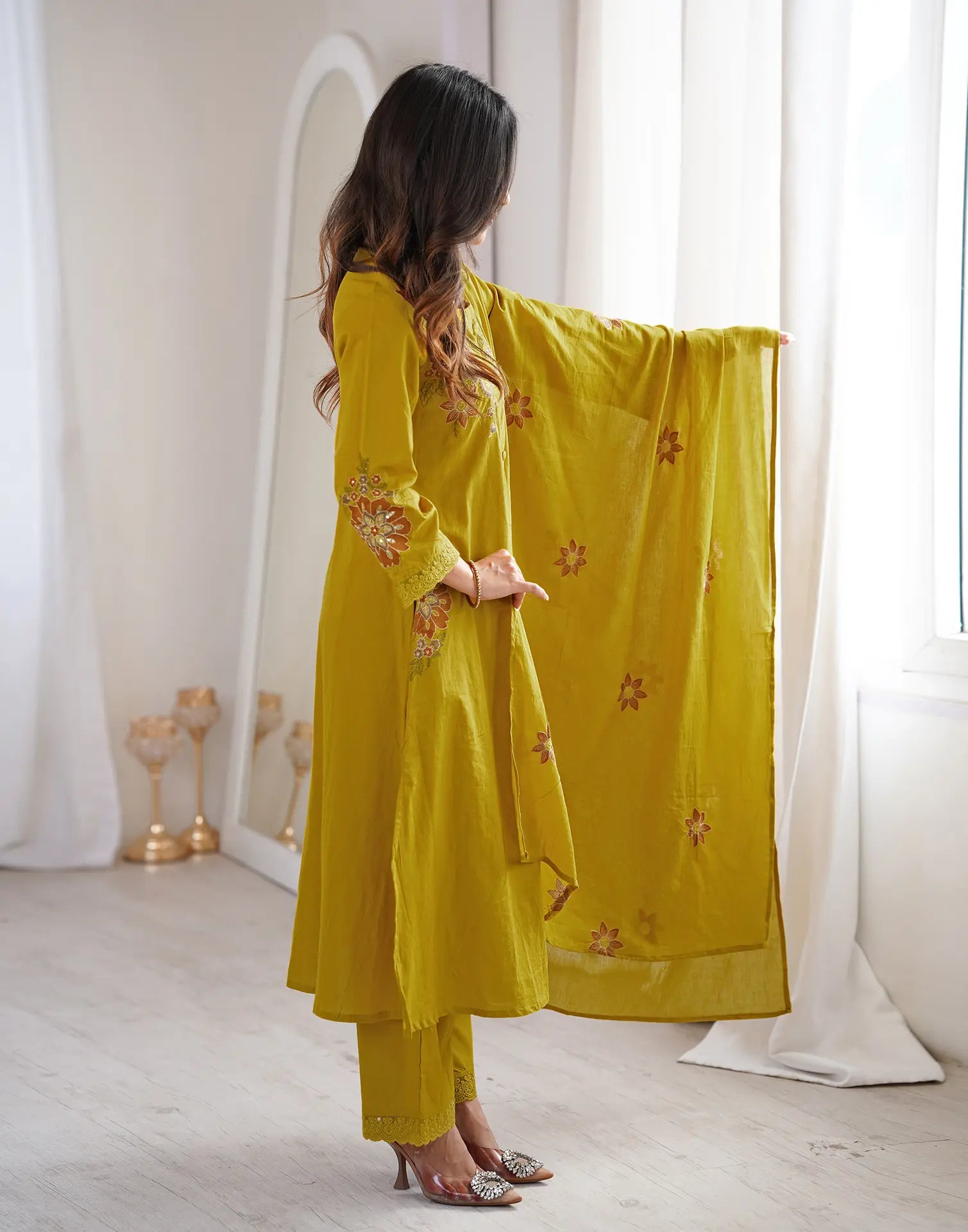 Orange Pie Round Neck Embroidered A-Line, Palazzo 3 Piece Kurta Set with Dupatta