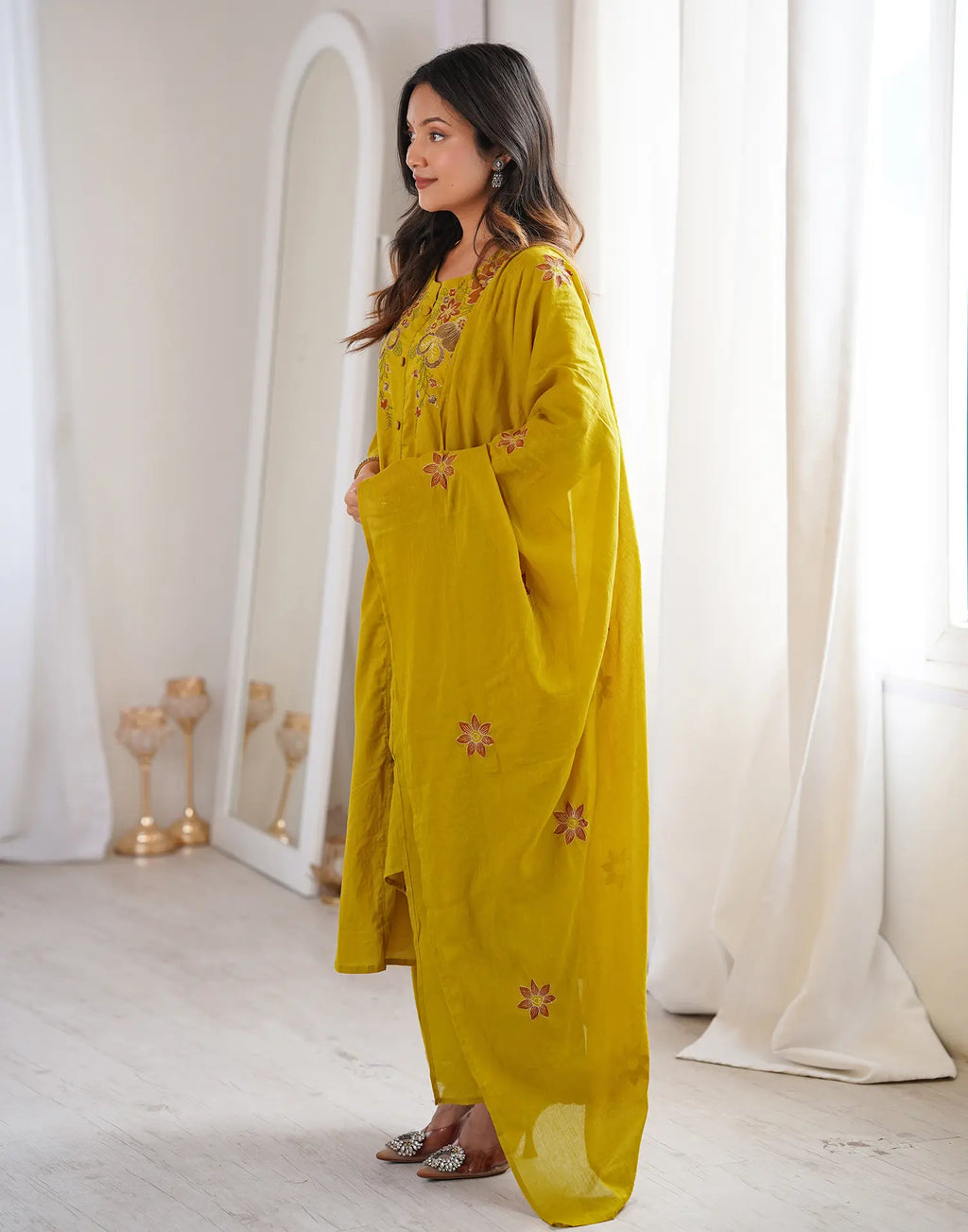 Orange Pie Round Neck Embroidered A-Line, Palazzo 3 Piece Kurta Set with Dupatta