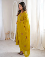 Orange Pie Round Neck Embroidered A-Line, Palazzo 3 Piece Kurta Set with Dupatta