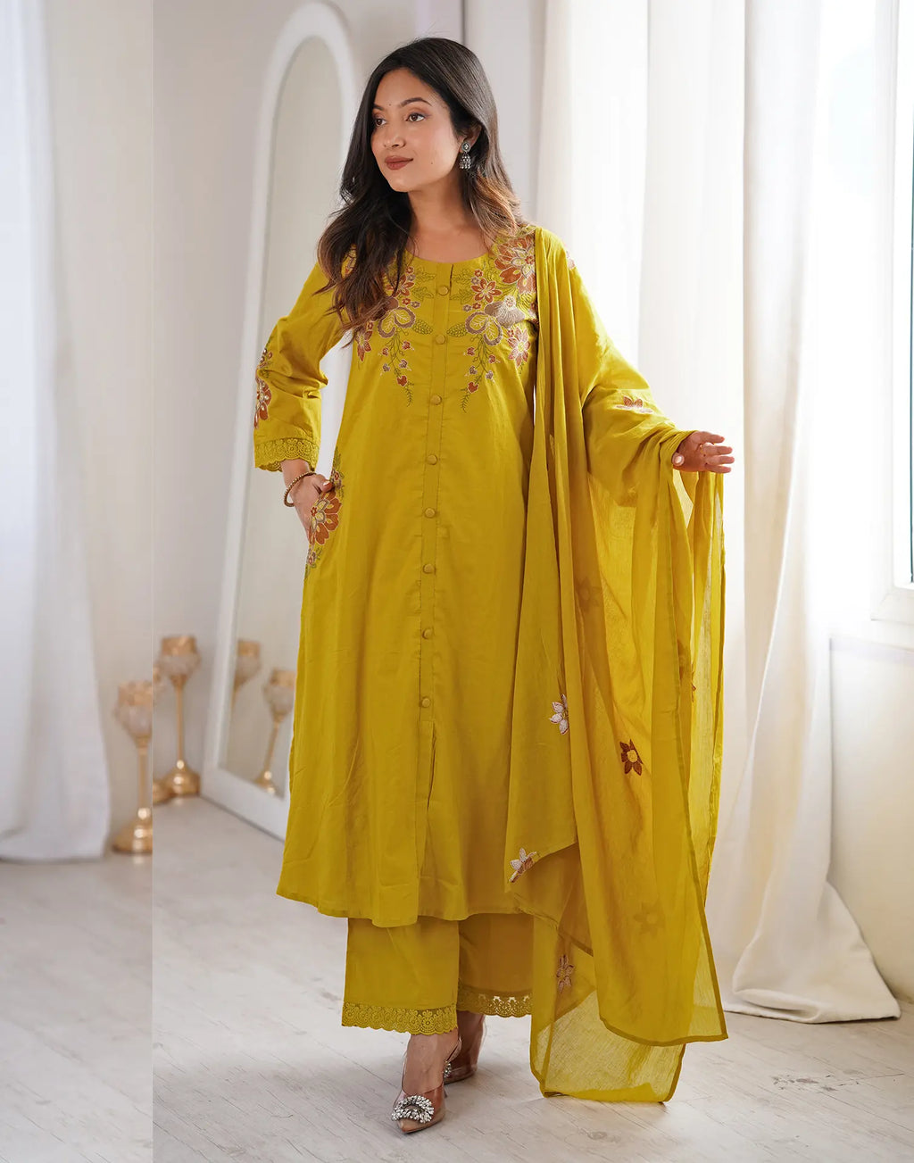 Orange Pie Round Neck Embroidered A-Line, Palazzo 3 Piece Kurta Set with Dupatta