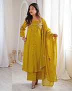 Orange Pie Round Neck Embroidered A-Line, Palazzo 3 Piece Kurta Set with Dupatta