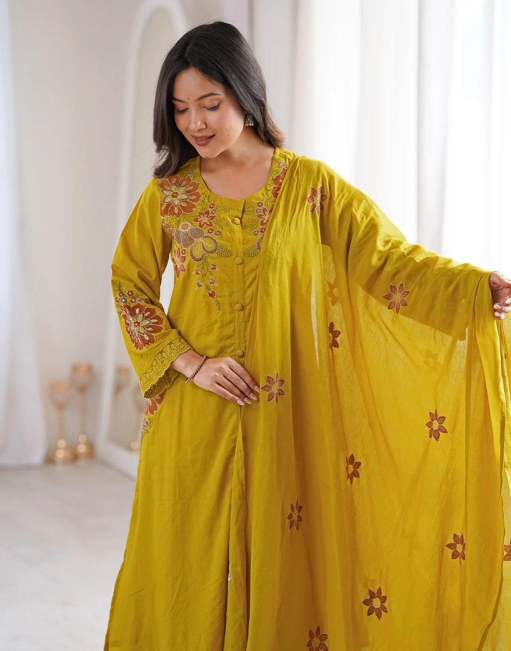 Orange Pie Round Neck Embroidered A-Line, Palazzo 3 Piece Kurta Set with Dupatta