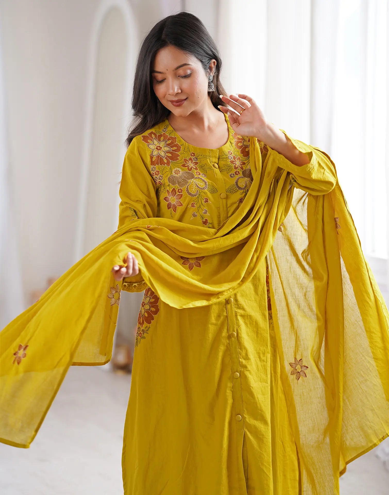 Orange Pie Round Neck Embroidered A-Line, Palazzo 3 Piece Kurta Set with Dupatta