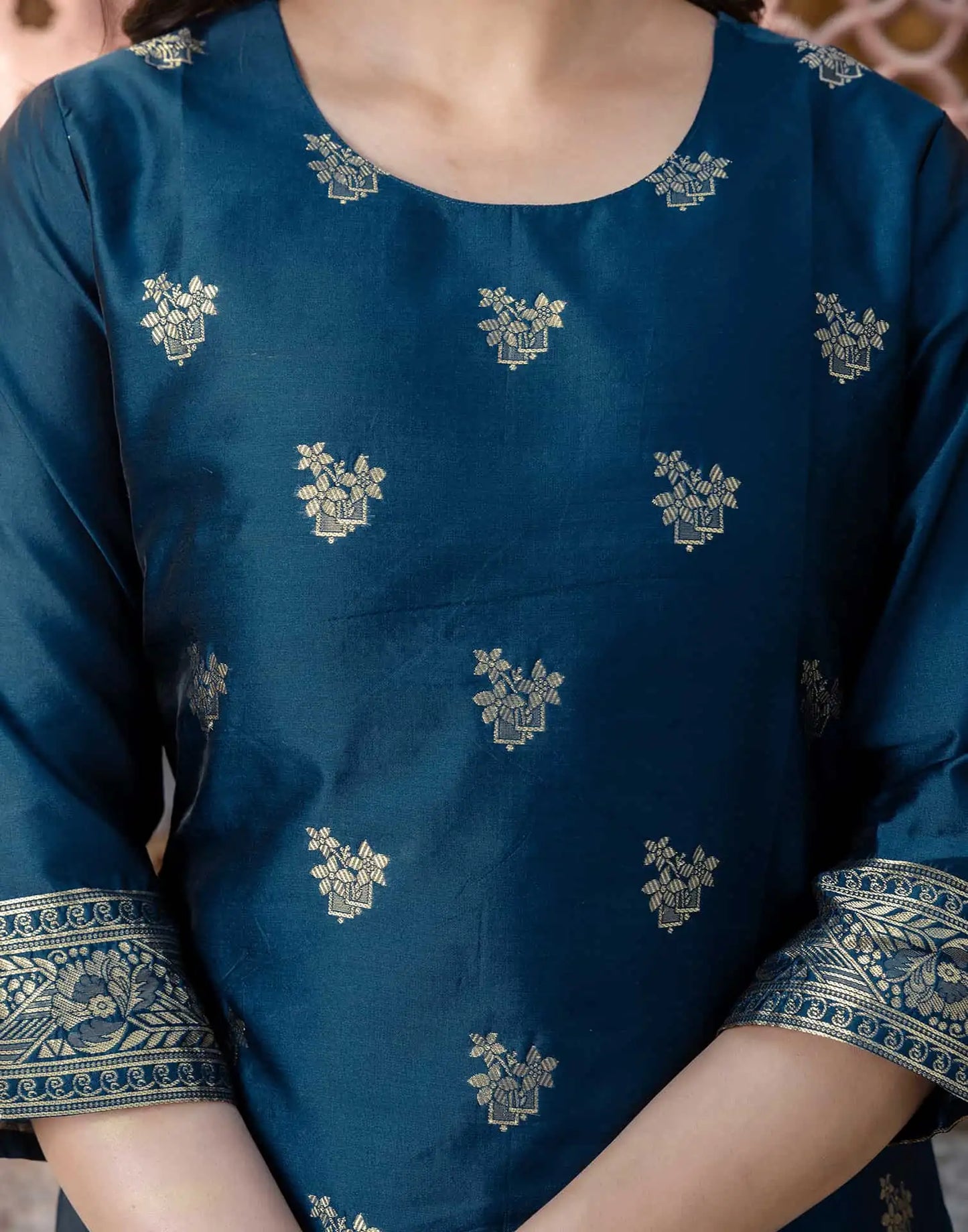 Affordable Silk Blend Kurta Set for Women in Blue Weaving Straight Kurta with Pant & Dupatta