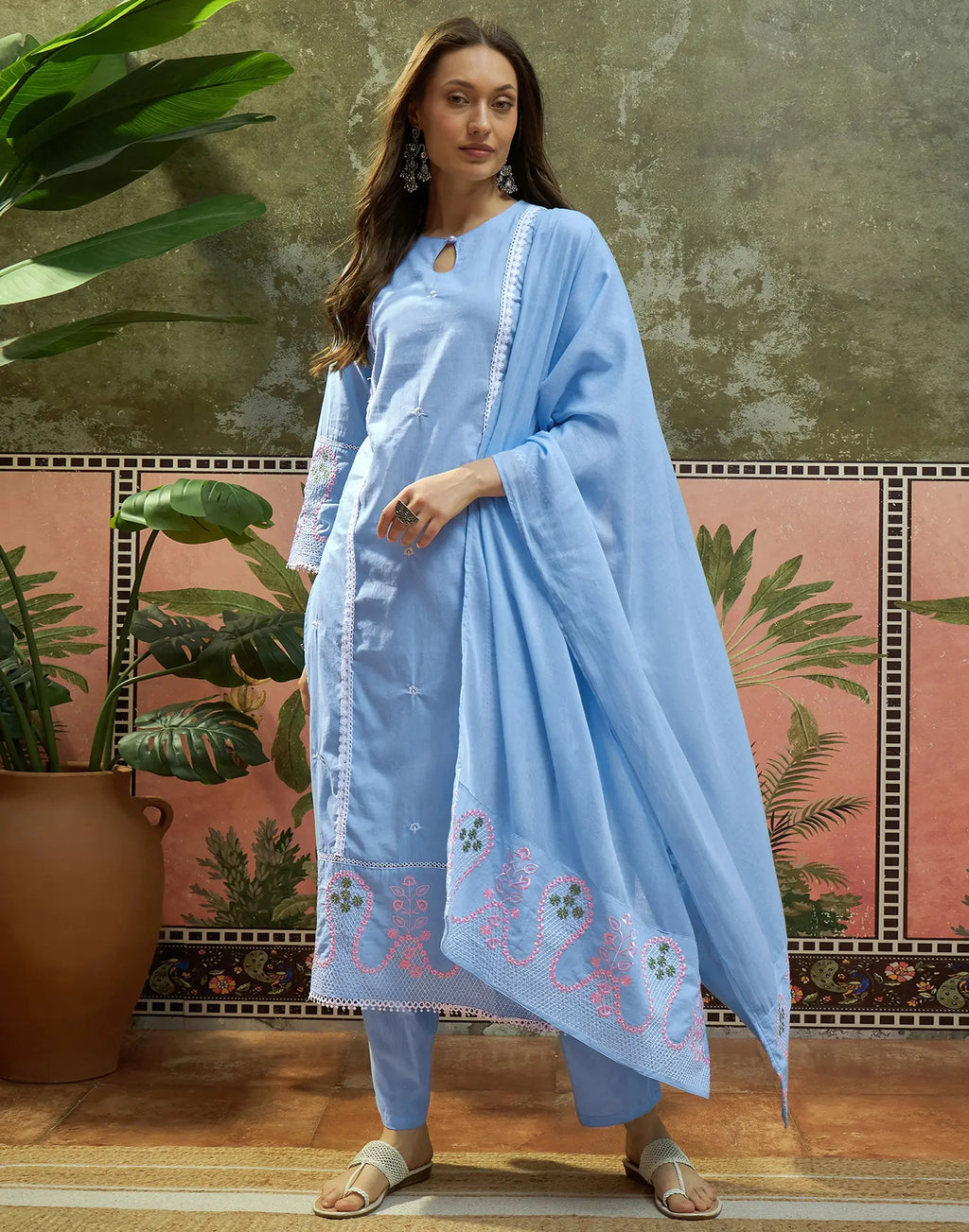 Powder Blue Keyhole Round Neck Embroidered Straight 3 Piece Kurta Set with Dupatta
