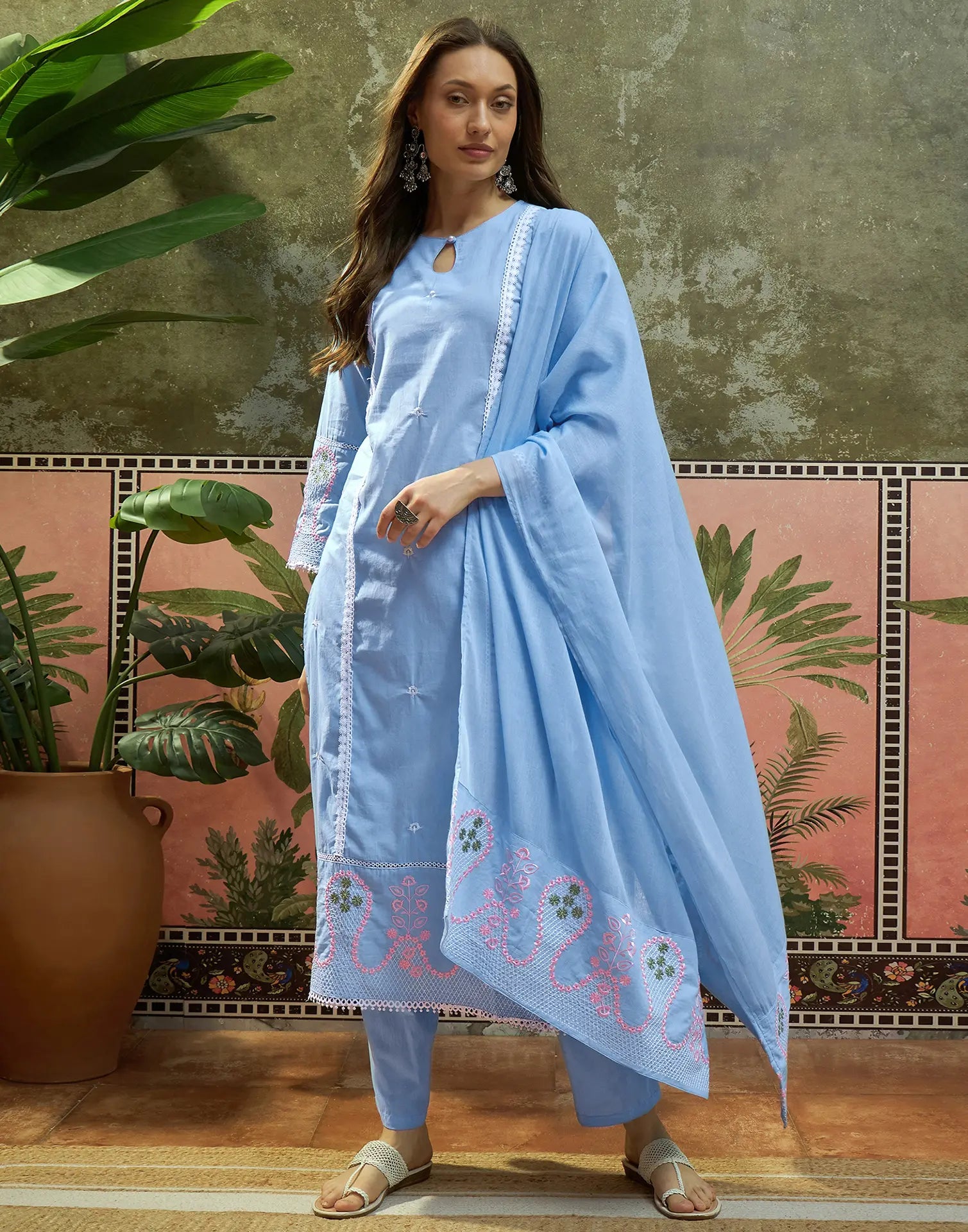 Powder Blue Keyhole Round Neck Embroidered Straight 3 Piece Kurta Set with Dupatta