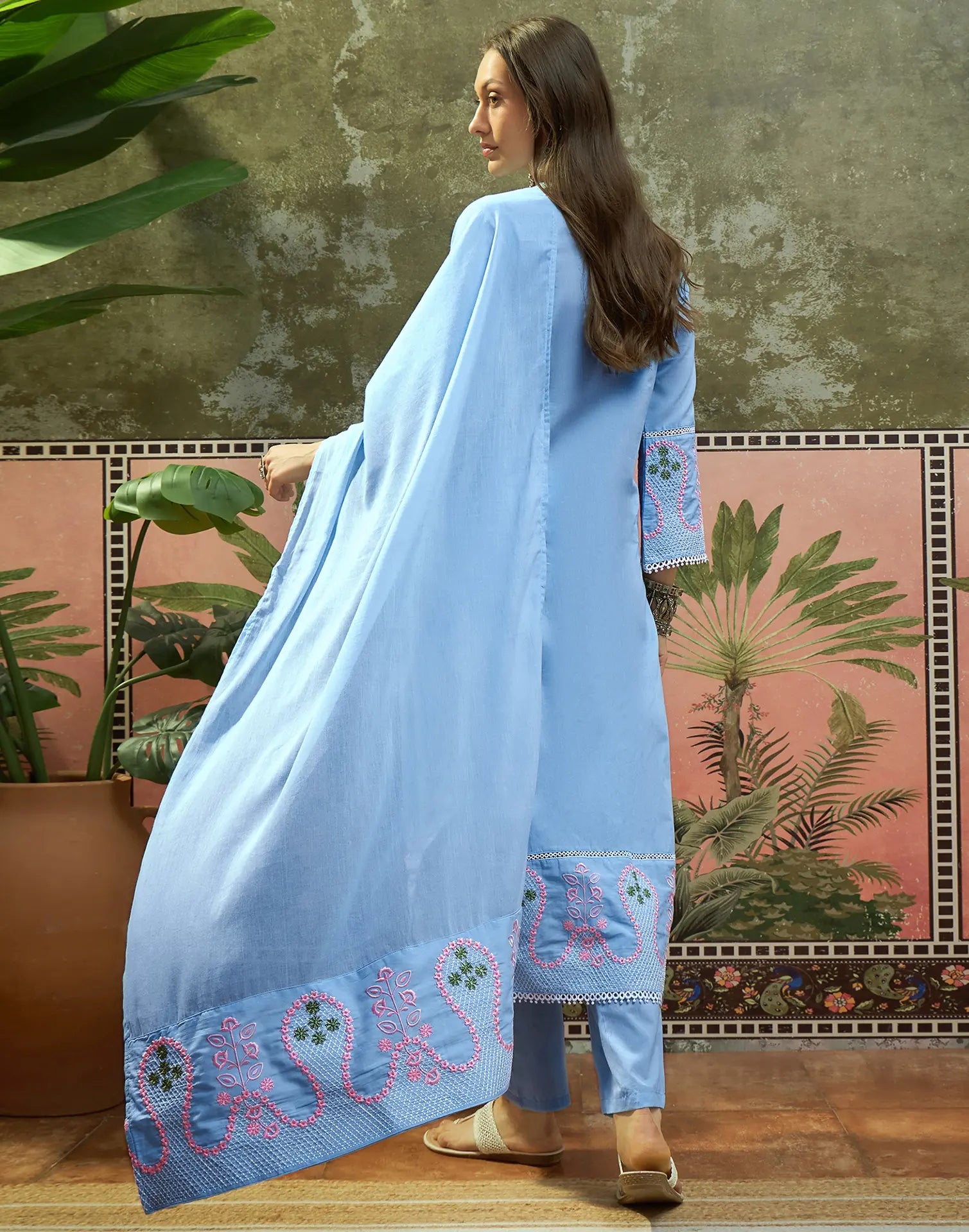 Powder Blue Keyhole Round Neck Embroidered Straight 3 Piece Kurta Set with Dupatta