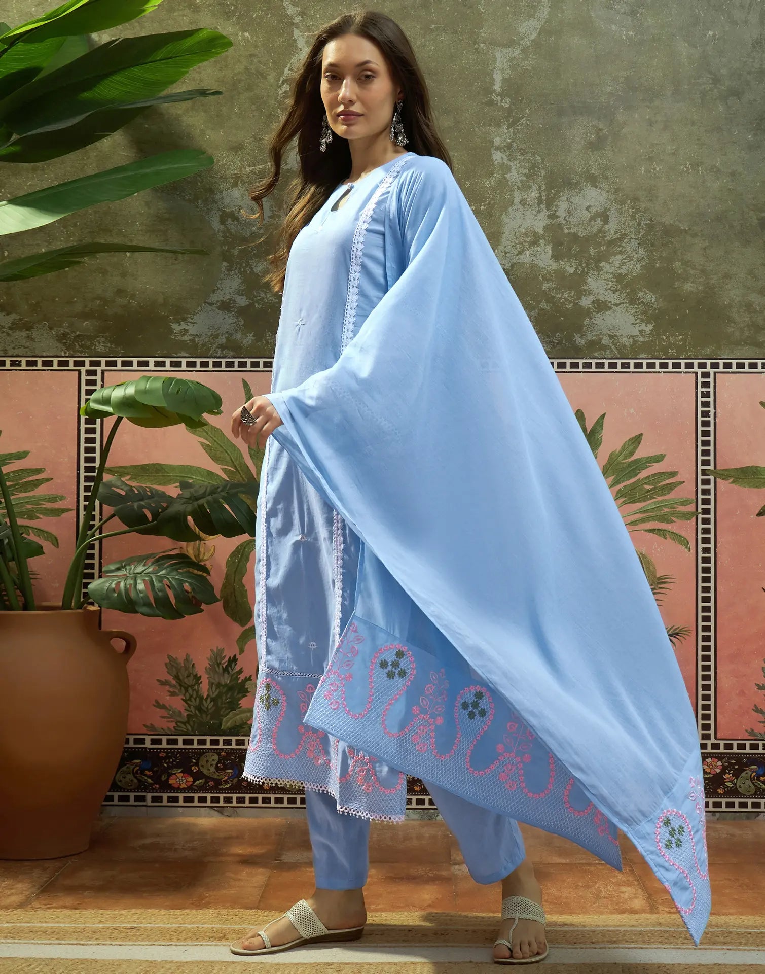 Powder Blue Keyhole Round Neck Embroidered Straight 3 Piece Kurta Set with Dupatta