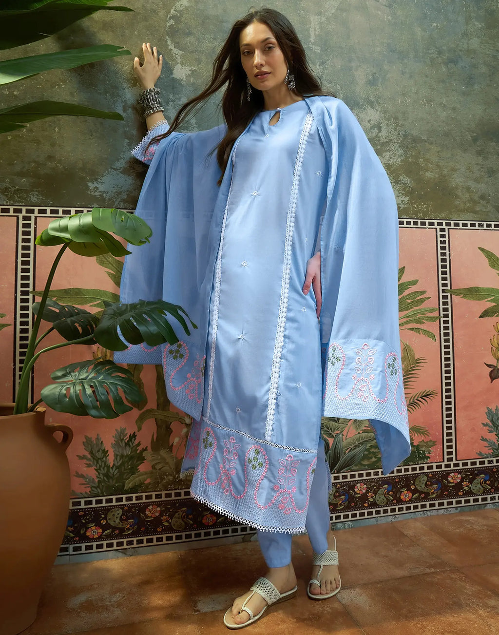 Powder Blue Keyhole Round Neck Embroidered Straight 3 Piece Kurta Set with Dupatta