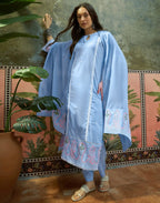 Powder Blue Keyhole Round Neck Embroidered Straight 3 Piece Kurta Set with Dupatta