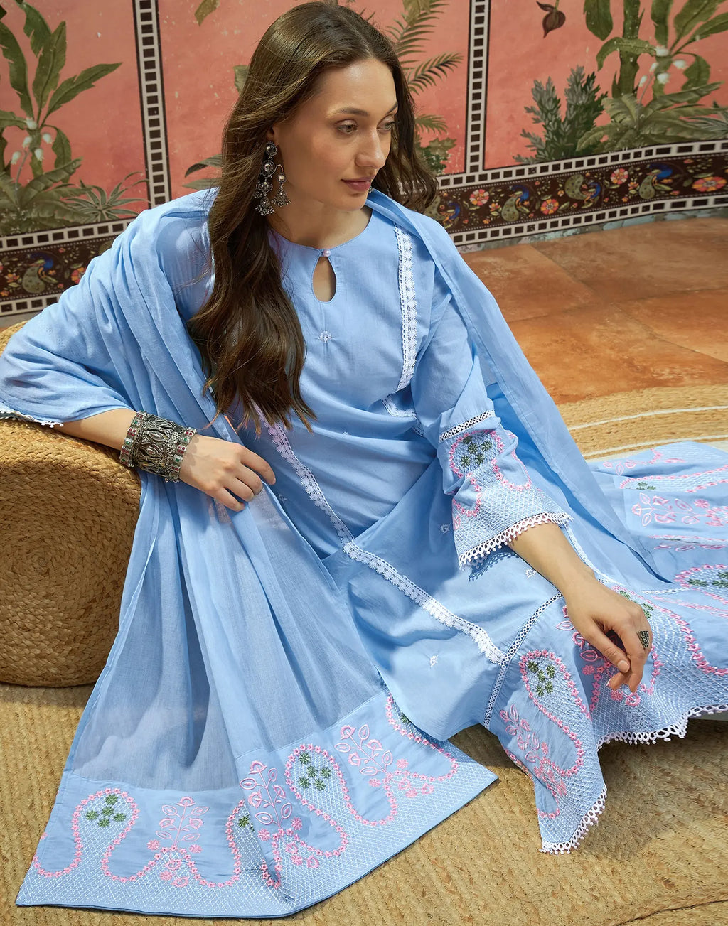 Powder Blue Keyhole Round Neck Embroidered Straight 3 Piece Kurta Set with Dupatta