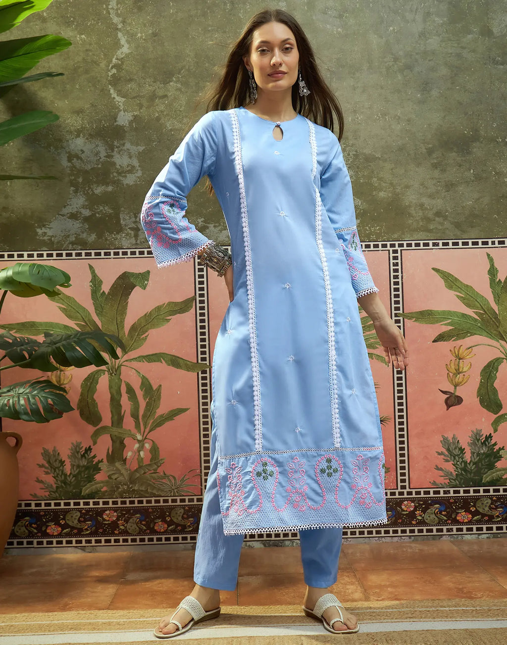 Powder Blue Keyhole Round Neck Embroidered Straight 3 Piece Kurta Set with Dupatta