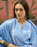 Powder Blue Keyhole Round Neck Embroidered Straight 3 Piece Kurta Set with Dupatta
