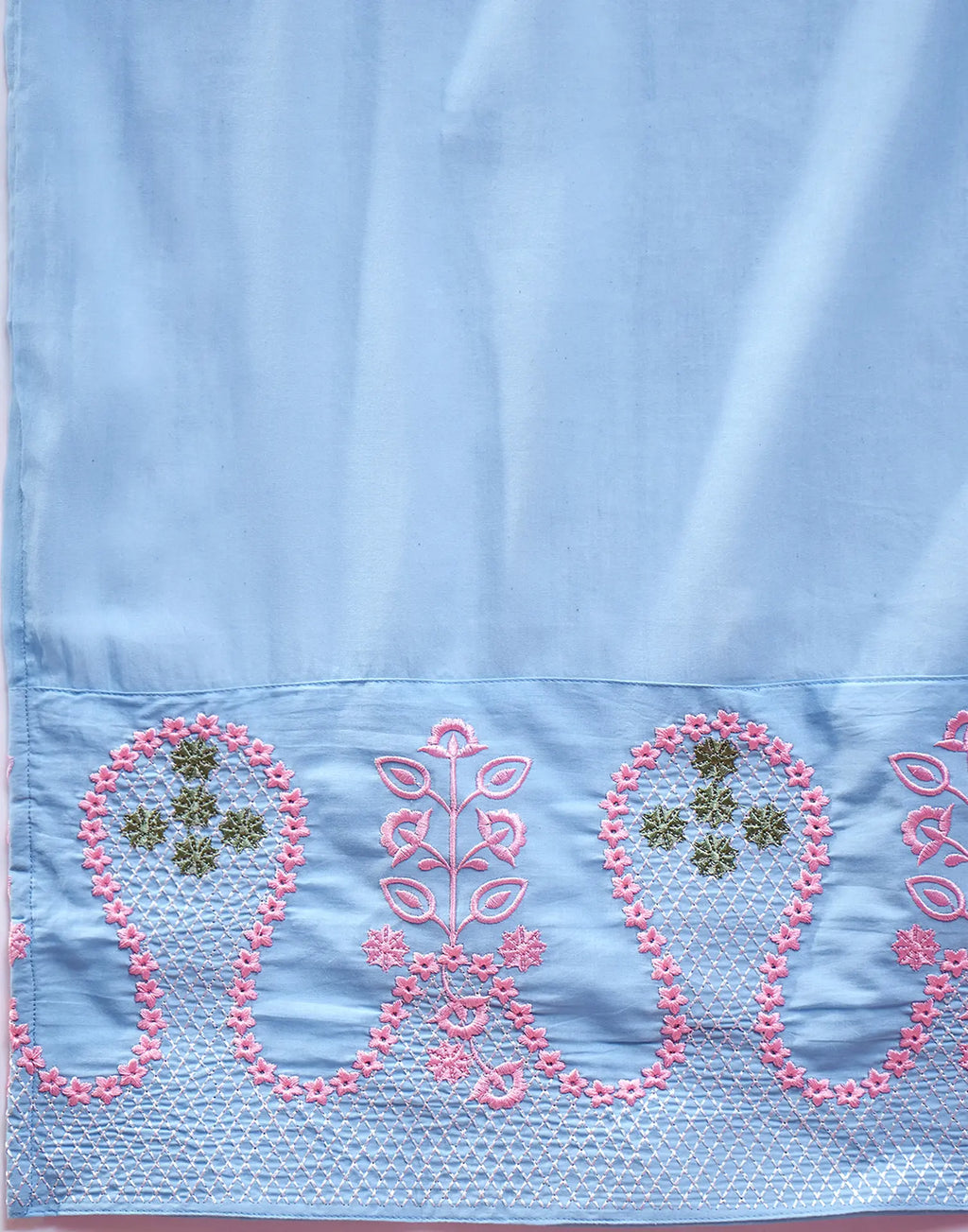 Powder Blue Keyhole Round Neck Embroidered Straight 3 Piece Kurta Set with Dupatta