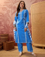 Cobalt Blue V-Neck Embroidered Digital Printed Straight 3 Piece Kurta Set with Dupatta