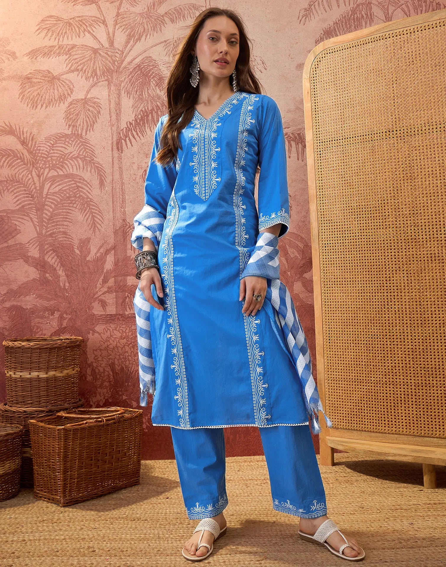 Cobalt Blue V-Neck Embroidered Digital Printed Straight 3 Piece Kurta Set with Dupatta
