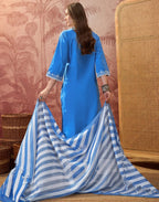 Cobalt Blue V-Neck Embroidered Digital Printed Straight 3 Piece Kurta Set with Dupatta