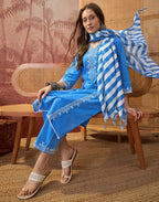 Cobalt Blue V-Neck Embroidered Digital Printed Straight 3 Piece Kurta Set with Dupatta