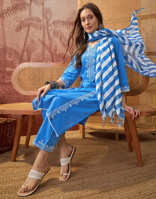 Cobalt Blue V-Neck Embellished Straight 3 Piece Kurta Set With Dupatta