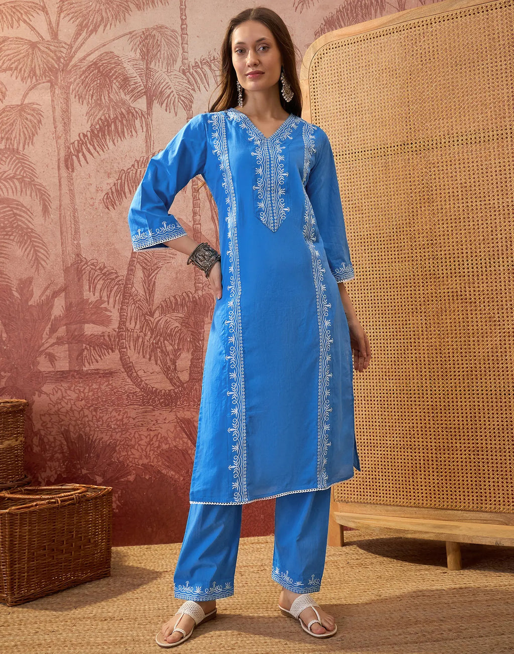 Cobalt Blue V-Neck Embroidered Digital Printed Straight 3 Piece Kurta Set with Dupatta