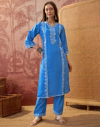 Cobalt Blue V-Neck Embroidered Digital Printed Straight 3 Piece Kurta Set with Dupatta