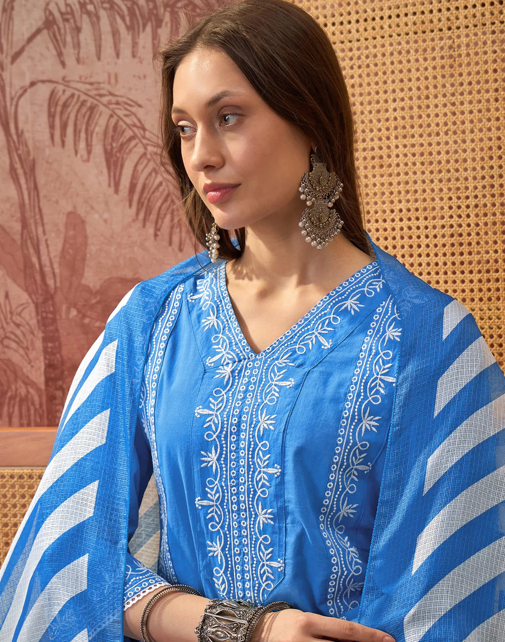 Cobalt Blue V-Neck Embroidered Digital Printed Straight 3 Piece Kurta Set with Dupatta