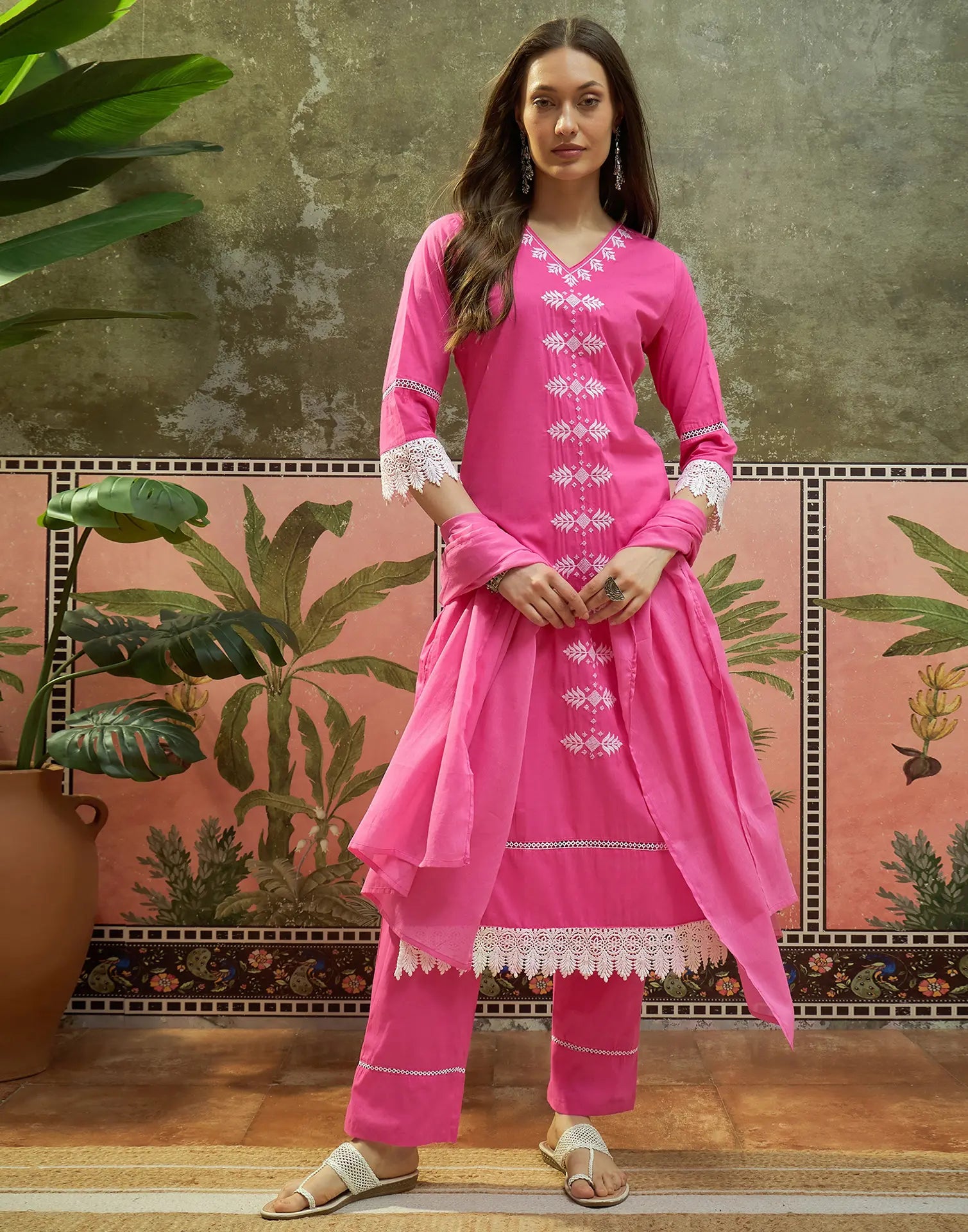 Fuchsia Pink V-Neck Embroidered Straight 3 Piece Kurta Set with Dupatta
