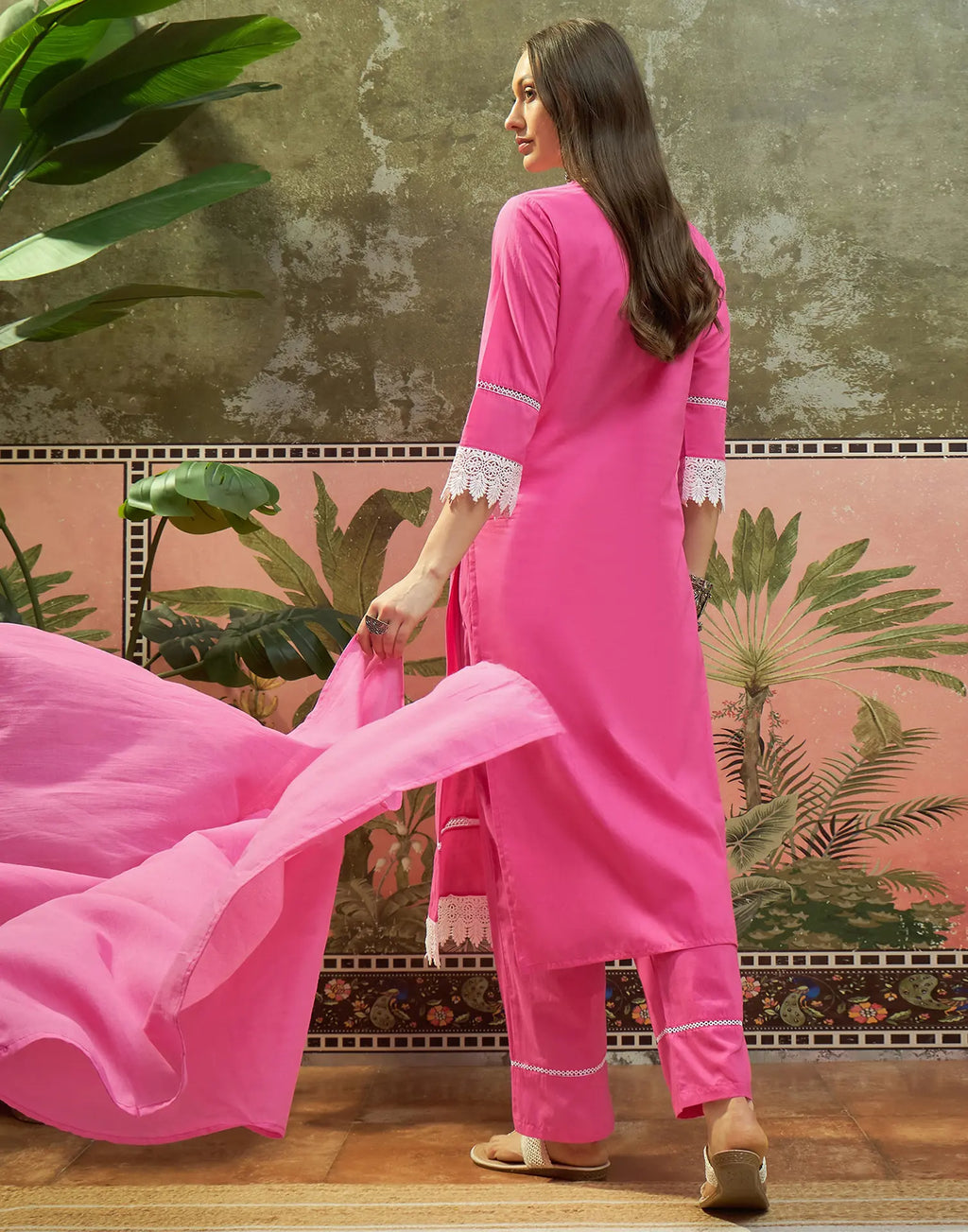 Fuchsia Pink V-Neck Embroidered Straight 3 Piece Kurta Set with Dupatta