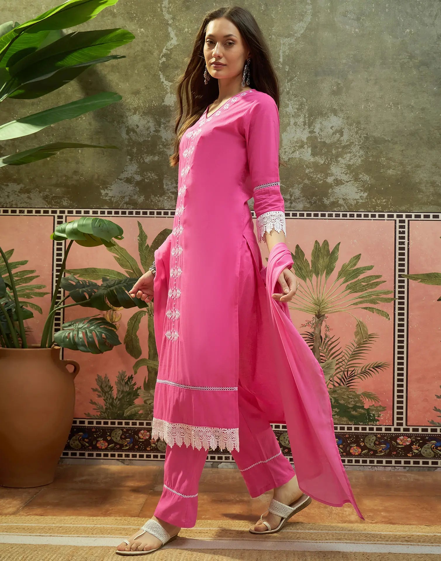Fuchsia Pink V-Neck Embroidered Straight 3 Piece Kurta Set with Dupatta