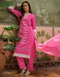 Fuchsia Pink V-Neck Embroidered Straight 3 Piece Kurta Set with Dupatta