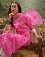 Fuchsia Pink V-Neck Embroidered Straight 3 Piece Kurta Set with Dupatta