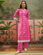 Fuchsia Pink V-Neck Embroidered Straight 3 Piece Kurta Set with Dupatta
