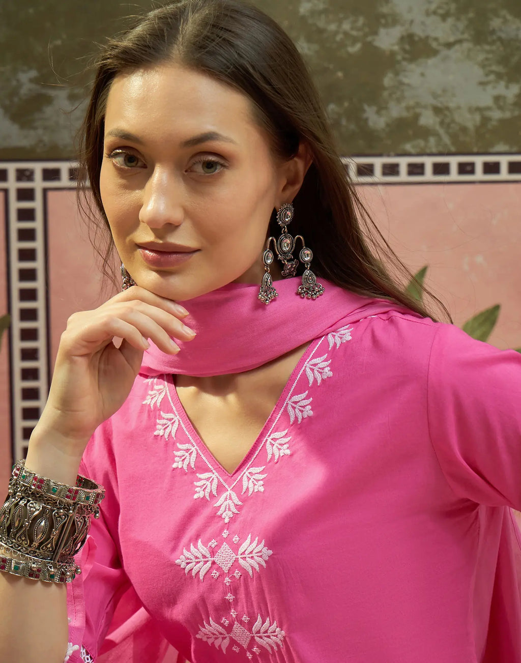 Fuchsia Pink V-Neck Embroidered Straight 3 Piece Kurta Set with Dupatta