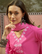 Fuchsia Pink V-Neck Embroidered Straight 3 Piece Kurta Set with Dupatta
